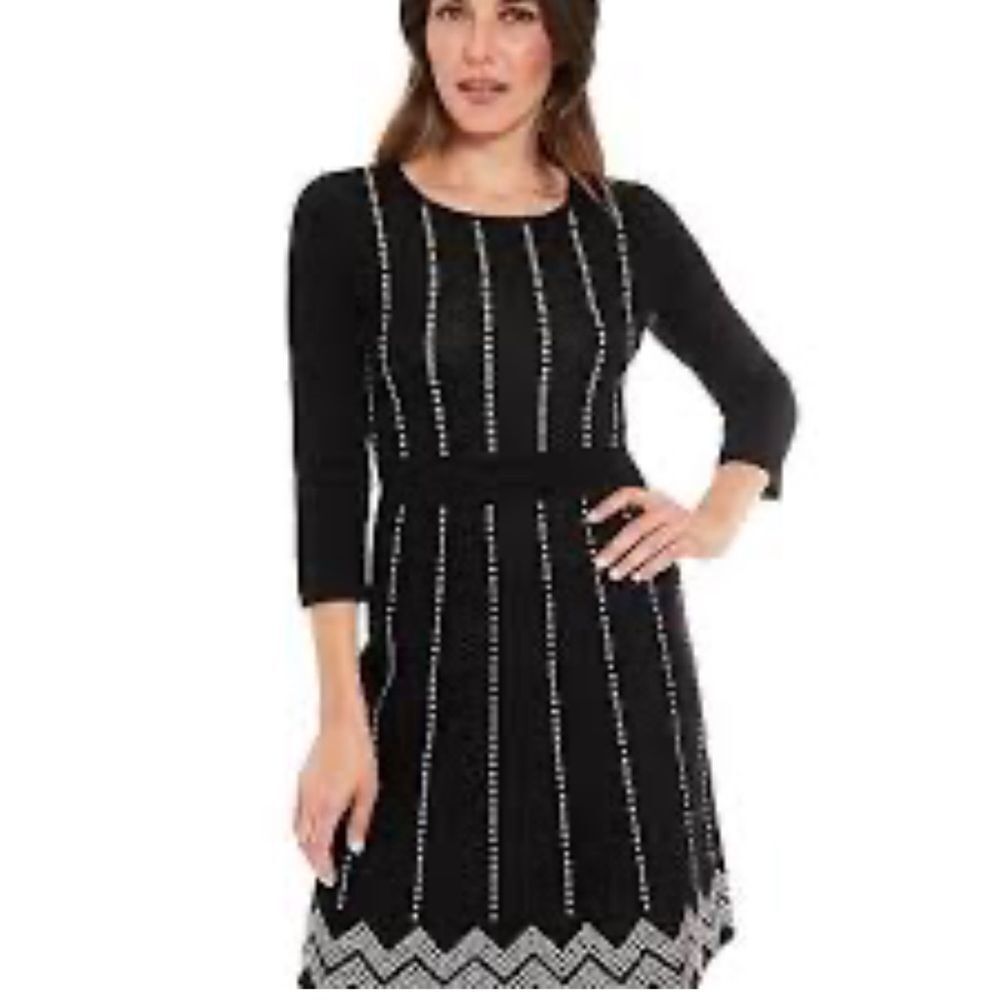 London Times Black Sweater Dress with White Accents Size Large